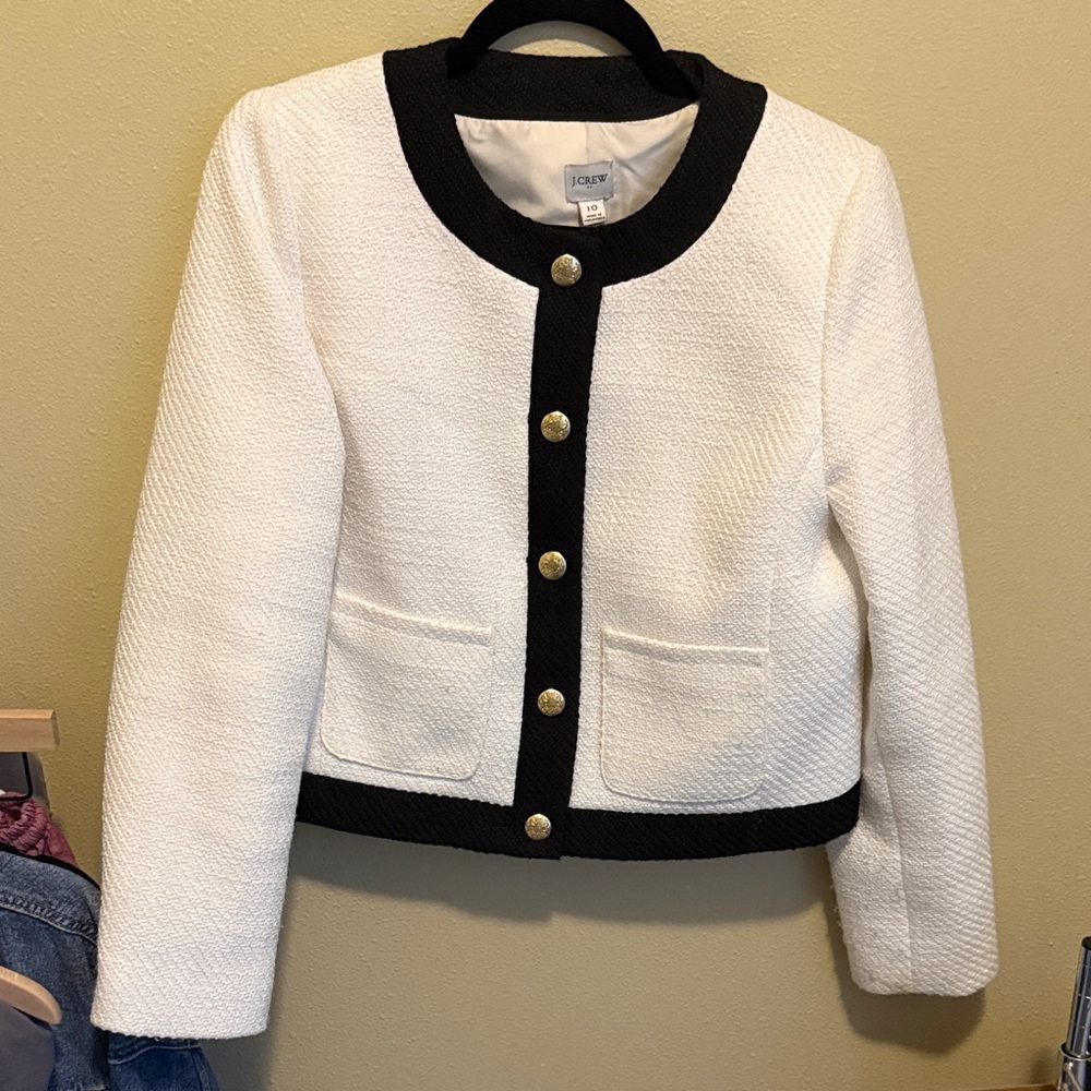 J. Crew White Tweed Jacket with Black Accents